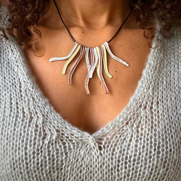 Good luck and fortune with this wire wrapped chain with amazonite beads interspersed and 1.25" drop. Length: 20". Available in silver or gold filled.