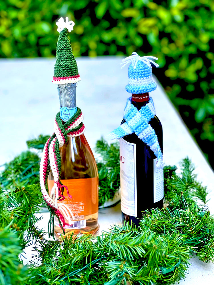 Make gift giving more fun with bottle topper sets to celebrate any occasion. Decorative, hand knit hat & scarf sets dress up any wine, champagne bottle or sparkling water bottle.
