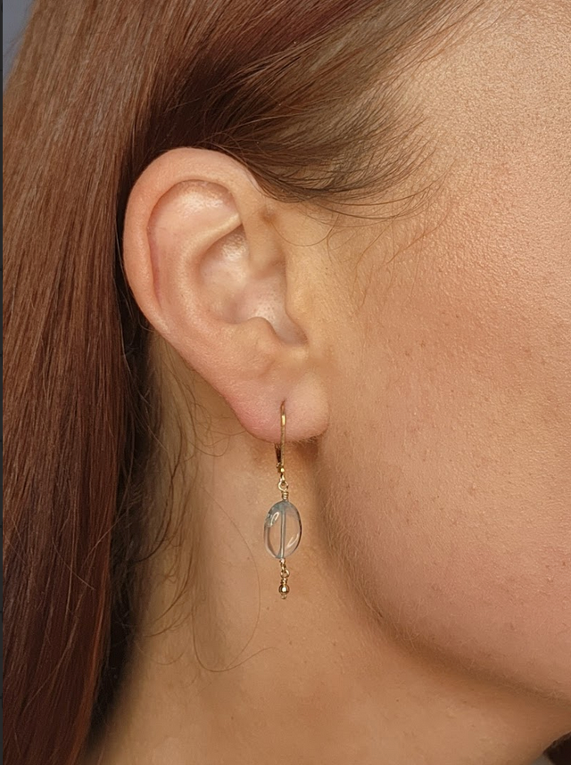 Classic aquamarine rectangular bead with dangling ball. Lever back, gold filled and silver available. Length: 1"