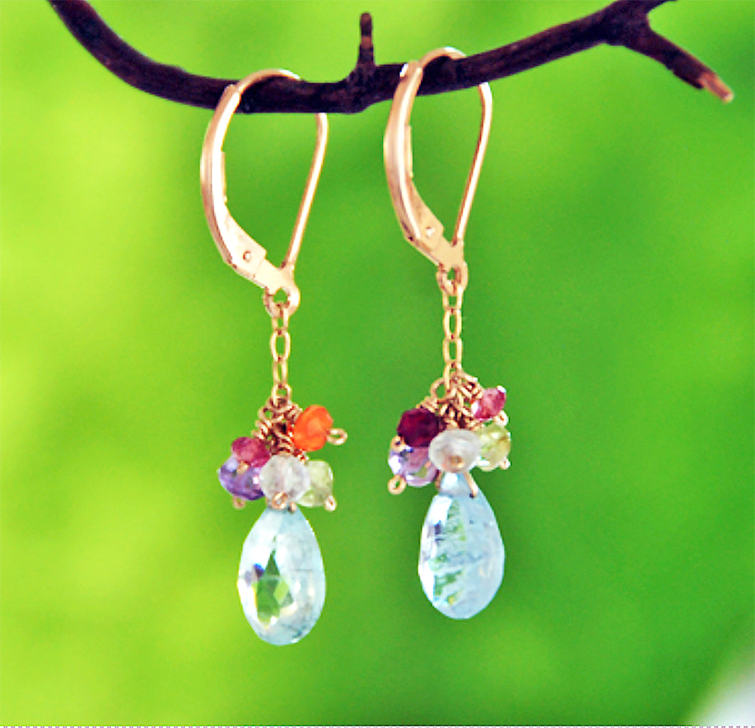 A colorful bouquet of silver wire wrapped precious and semi-precious stone beads of sapphire, carnelian, peridot, lemon quartz, ruby, and amethyst with larger rose quartz drop earrings. Lever back and also available in gold filled. Length: 1.5"