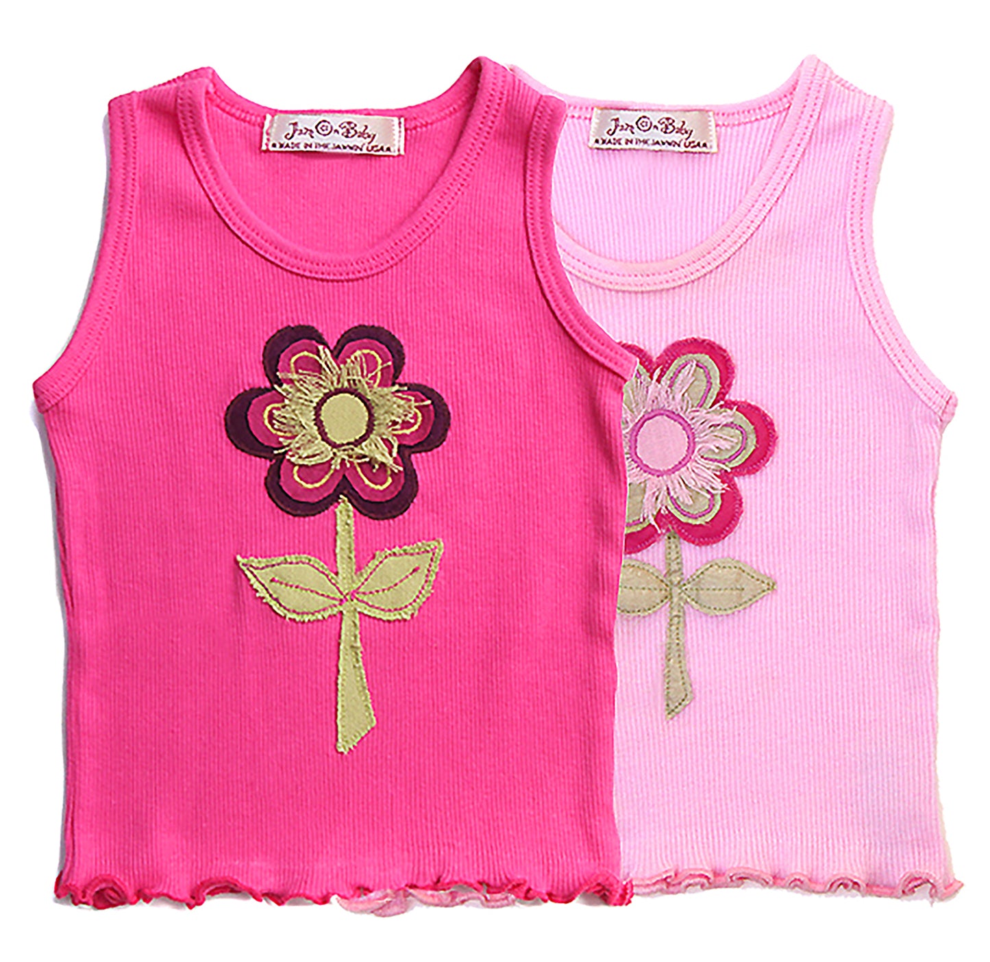 Girls love flowers, and love the soft texture of the hand crafted flower appliques on a comfy, cotton rib knit, tank top. Classic binding around neckline and shoulders, with lettuce trim hem. *These tops sell quickly! If the size/color you need is sold out, send us a request email with the size & color, and your top will be completed in 7 - 10 days. 100% Cotton Wash Cold, turn inside out, Line Dry Consciously made in California