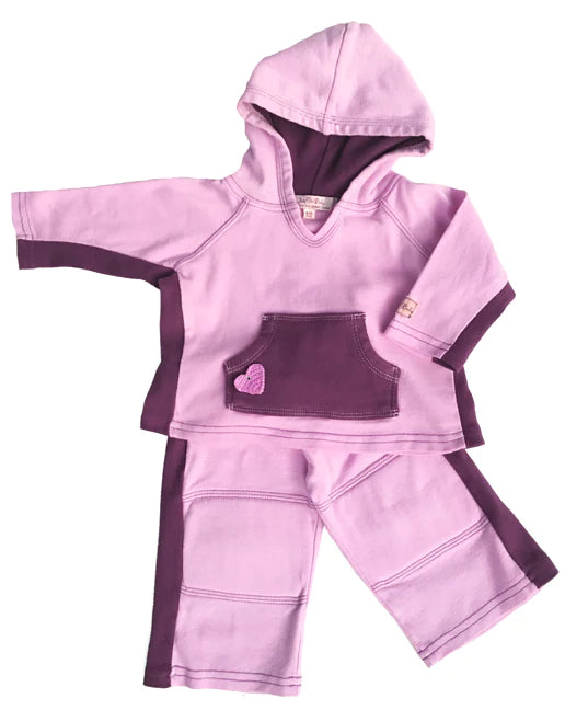 Made of light weight, organic cotton jersey in a two tone sport style. Pants have elastic waist and soft padding for the knees constructed inside with lining. Hoodie has a crocheted heart applique on a kanga pocket for little treasures.
