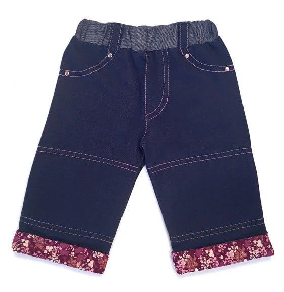 Soft denim knit with reinforced knee for toddlers. French floral print cuff with silver rivet detailing on pockets, rhinestone heart on back pocket, and elastic waist for easy on and off. Machine washable, cold (inside out to protect rhinestones), low heat Consciously made in California
