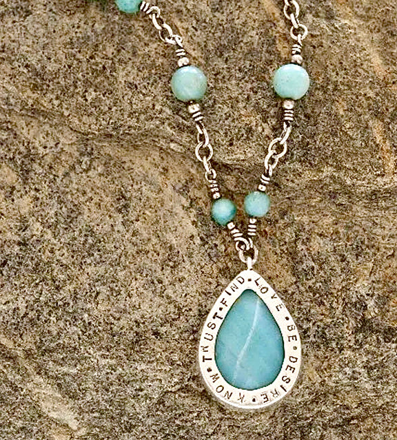 Teardrop Necklace by BeLoved Jewelry Co. https://handmadeonmarviasquare.com/products/personalized-necklace-by-randi Personalized silver teardrop chain necklace with amazonite. 30" long and can be ordered in other semi-precious and precious stones in a variety of colors depending upon availability. Please inquire.