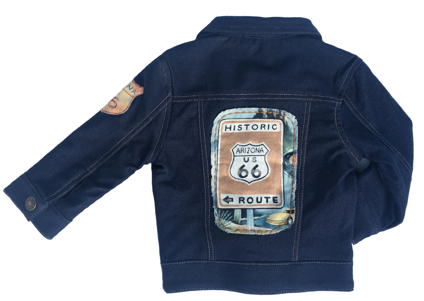Your little explorer will be super comfy in our Route 66 denim knit jacket with cotton knit, stripe lining. Sleeves can easily be rolled up and secured with snaps on the cuff. Vintage print of Route 66 applique on the back and shoulder. Nickel free, antique bronze snap closures for easy on & off. Order one size larger for longer wear Machine washable, warm, delicate cycle Made in the Jammin' USA