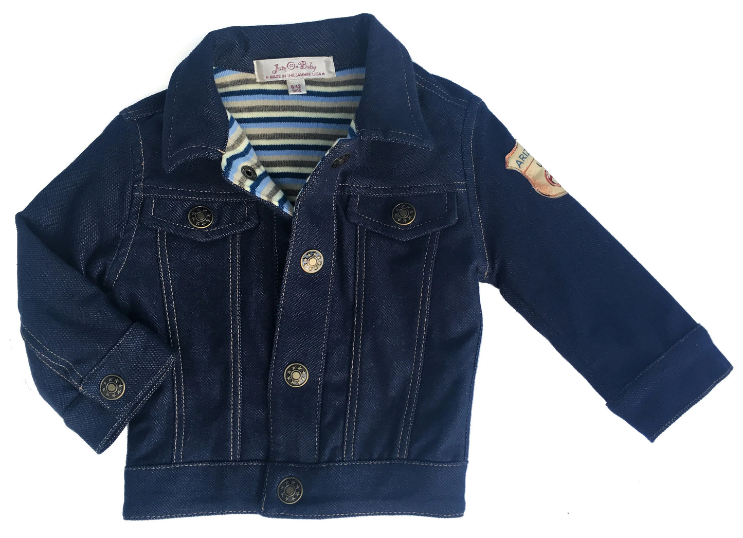Your little explorer will be super comfy in our Route 66 denim knit jacket with cotton knit, stripe lining. Sleeves can easily be rolled up and secured with snaps on the cuff. Vintage print of Route 66 applique on the back and shoulder. Nickel free, antique bronze snap closures for easy on & off. Order one size larger for longer wear Machine washable, warm, delicate cycle Made in the Jammin' USA