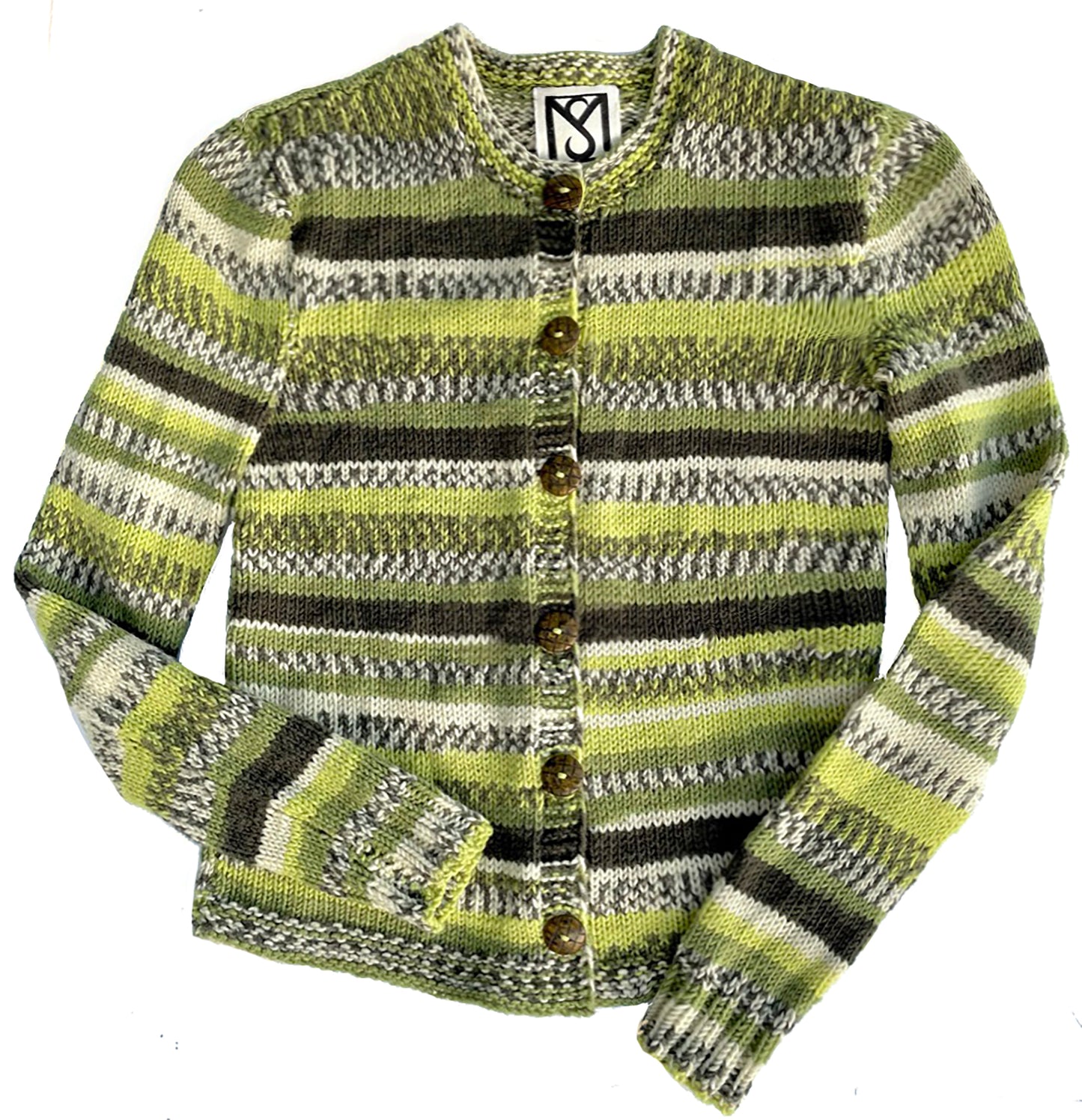 Soft shades of sage green in a beautiful variegated stripe pattern, makes this soft button-down, acrylic knit sweater with coconut buttons a perfect accessory on a chilly day. European style knit by Oda G. exclusively for MarVia Square. Hand wash cold, Line dry or Dry clean Handmade with love in the USA