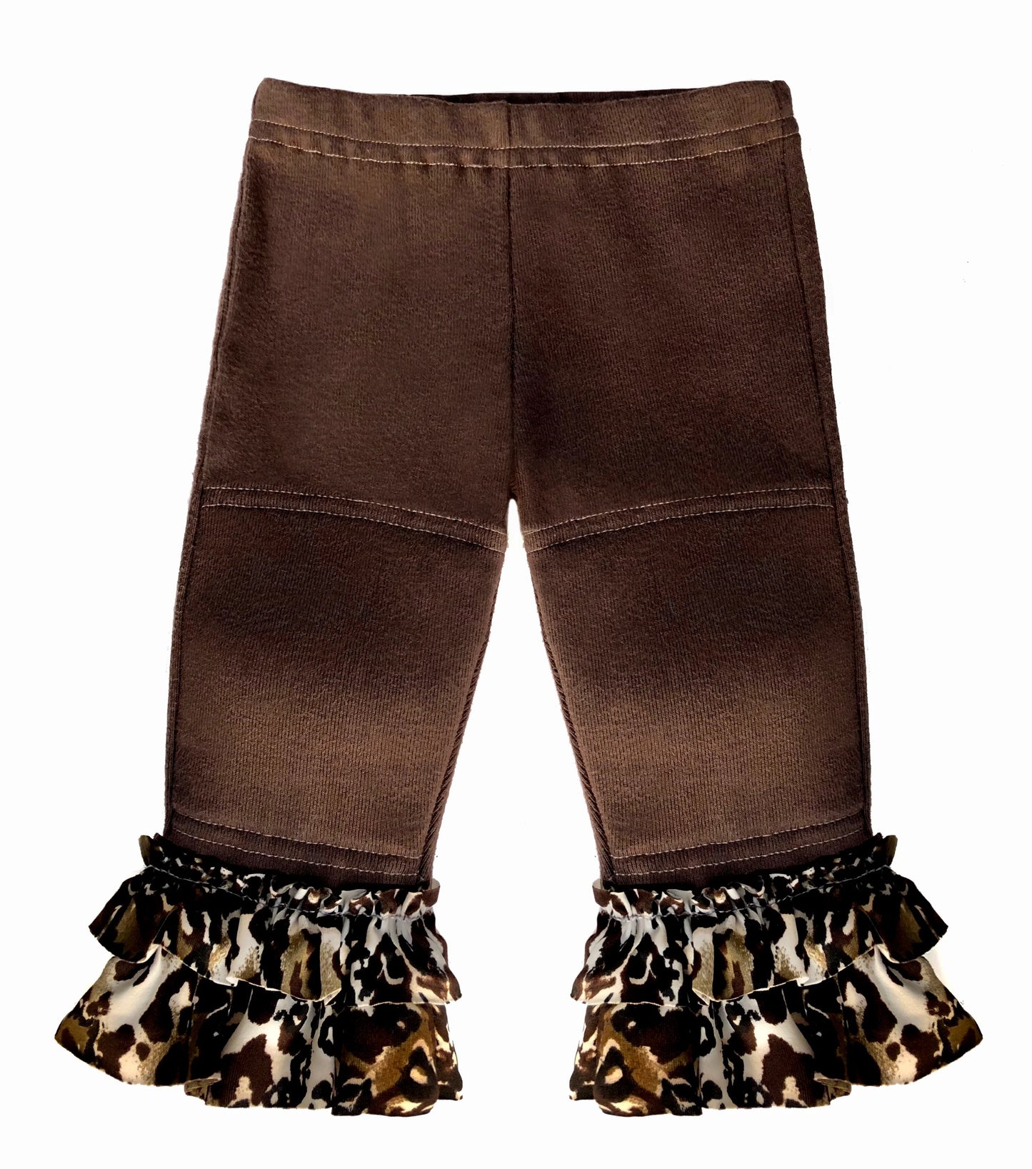 Most popular... our soft, sustainable combed cotton, rib knit with fully lined padded knee design. Leopard print ruffle trim in Lycra. Pair with reversible leopard cuddle vest to complete the look.