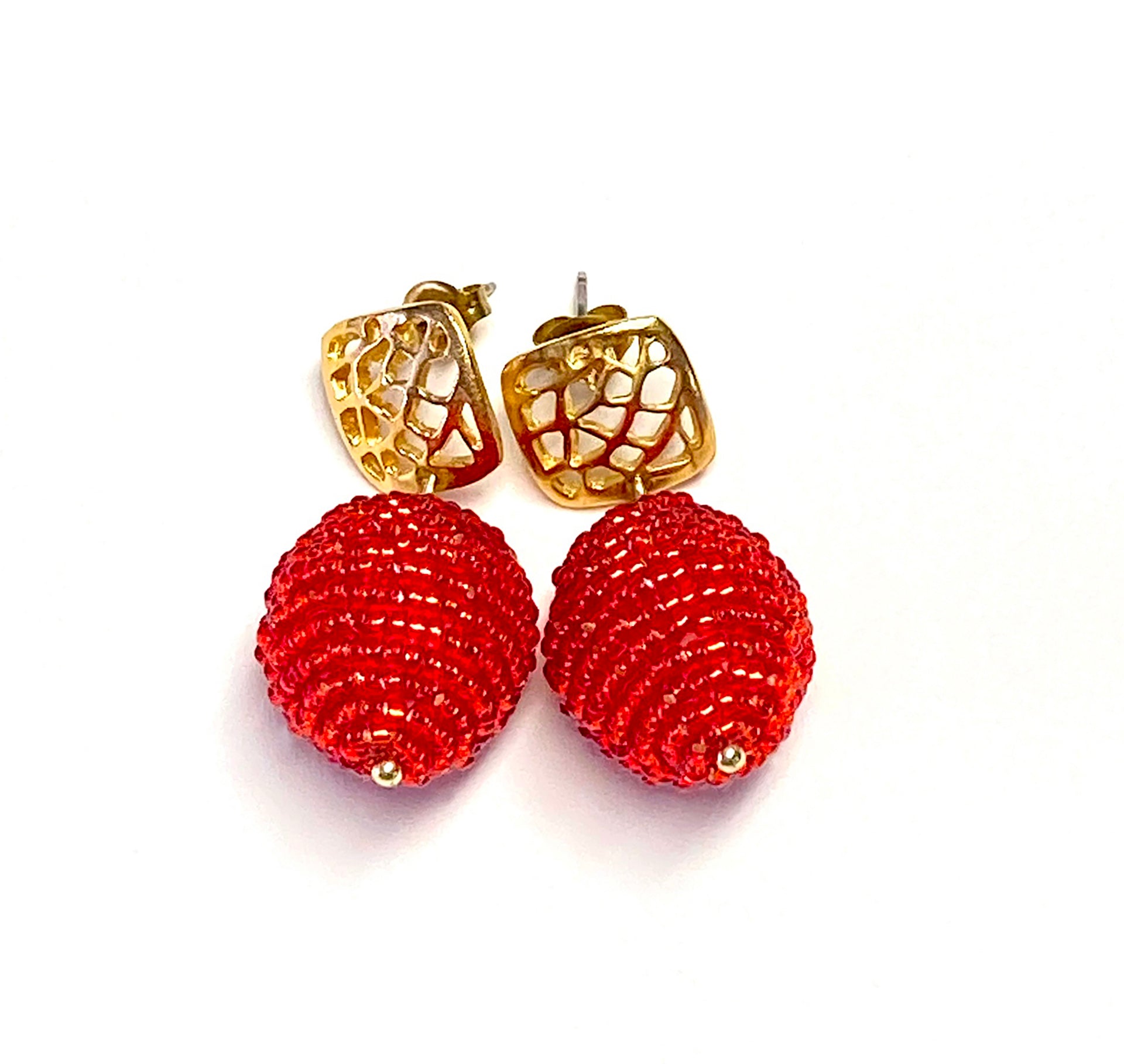 Artist, Iva Hladis, has created an exquisite collection of elegant beaded earrings that will stand out in any event. Styles & Dimensions: Cherry - Red wool ball embellished with Japanese Miyuki beads, gold plated earpost & headpin. Length: 1 3/8" Ball size: 3/4"
