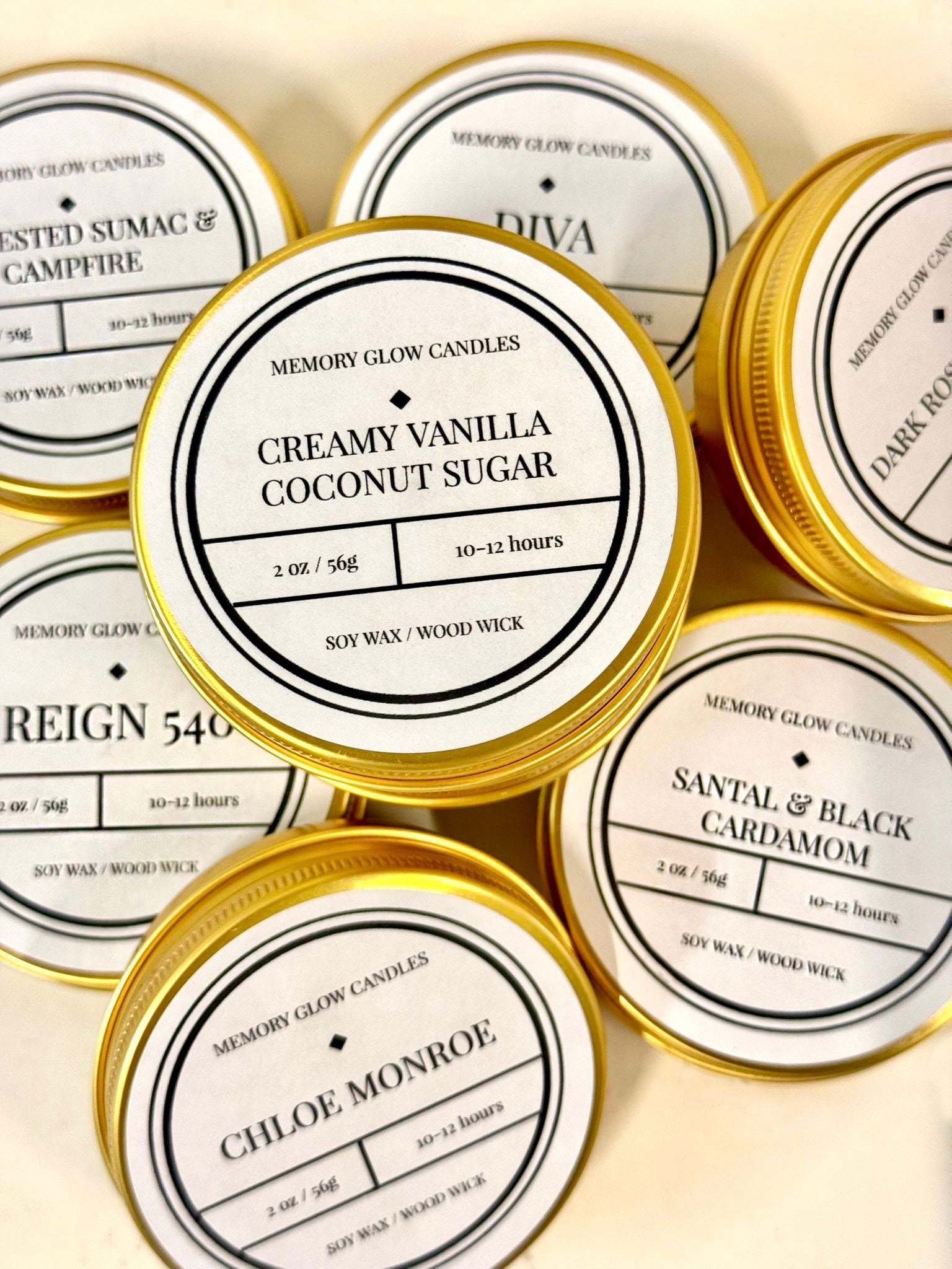 Exclusive Discovery Set of six mini candles is a great way to discover our most popular scents or use for travel. Each candle tin is hand poured with long lasting soy wax, natural wood wick, exquisite fragrances of select ingredients, eco-conscious 'Made Better' certified, and neatly packaged in an up-cycled mailer box. Memory Glow Candles is a homage to a beloved mother who filled lives with warmth and light. Dedicated to those touched by Alzheimer's, her enduring spirit continues to inspire and guide us. 