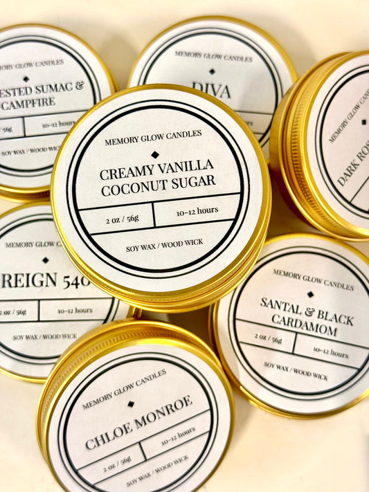 Exclusive Discovery Set of six mini candles is a great way to discover our most popular scents or use for travel. Each candle tin is hand poured with long lasting soy wax, natural wood wick, exquisite fragrances of select ingredients, eco-conscious 'Made Better' certified, and neatly packaged in an up-cycled mailer box. Memory Glow Candles is a homage to a beloved mother who filled lives with warmth and light. Dedicated to those touched by Alzheimer's, her enduring spirit continues to inspire and guide us. 