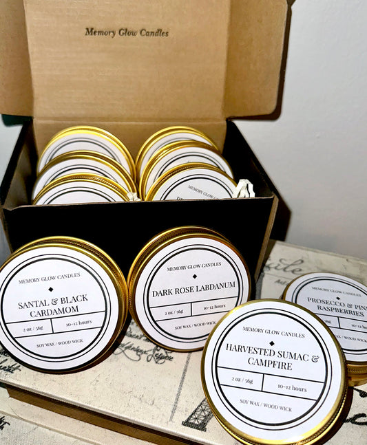 Exclusive Discovery Set of six mini candles is a great way to discover our most popular scents or use for travel. Each candle tin is hand poured with long lasting soy wax, natural wood wick, exquisite fragrances of select ingredients, eco-conscious 'Made Better' certified, and neatly packaged in an up-cycled mailer box. Memory Glow Candles is a homage to a beloved mother who filled lives with warmth and light. Dedicated to those touched by Alzheimer's, her enduring spirit continues to inspire and guide us. 