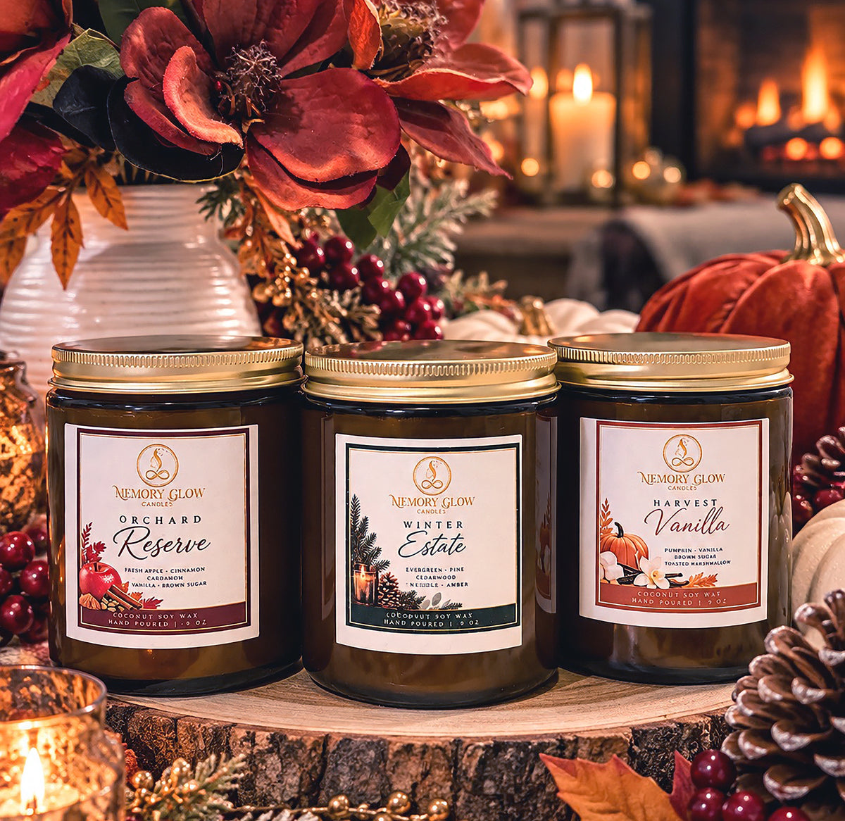 Memory Glow Candles has curated a holiday candle collection of warm & sweet scents of Fall/Winter for your home decor. Hand poured with clean burning coconut/soy wax in 9oz amber jars, natural wood wick, and eco-conscious 'Made Better' certified. Dedicated to those touched by Alzheimer's. Fragrance: Harvest Vanilla: Vanilla Pumpkin, Marshmallow, Orchard Reserve: Apple Crisp, Cardamom, Winter Estate: Vintage Evergreen.