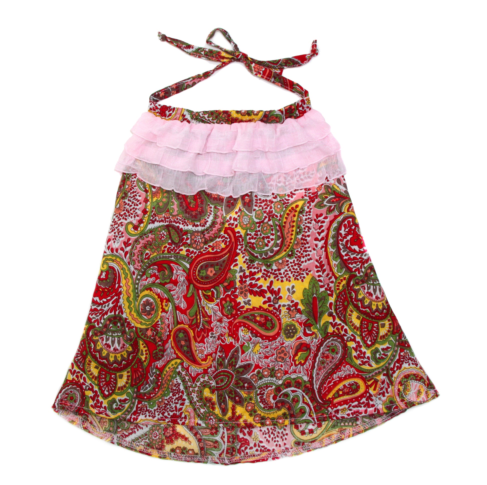 The Gwyneth Girl loves to create and play with colors in a fun paisley print halter top. Soft, light weight, cotton woven fabric in an A-line cut halter with delicate ruffle trim, tie back at the neck and soft elastic around the back to stay in place. Pair with the Gwyneth Capri pant for a stunning Spring/Summer look. 100% cotton woven Hand wash or machine wash delicate cycle, cold. Line dry. Sustainably made in California
