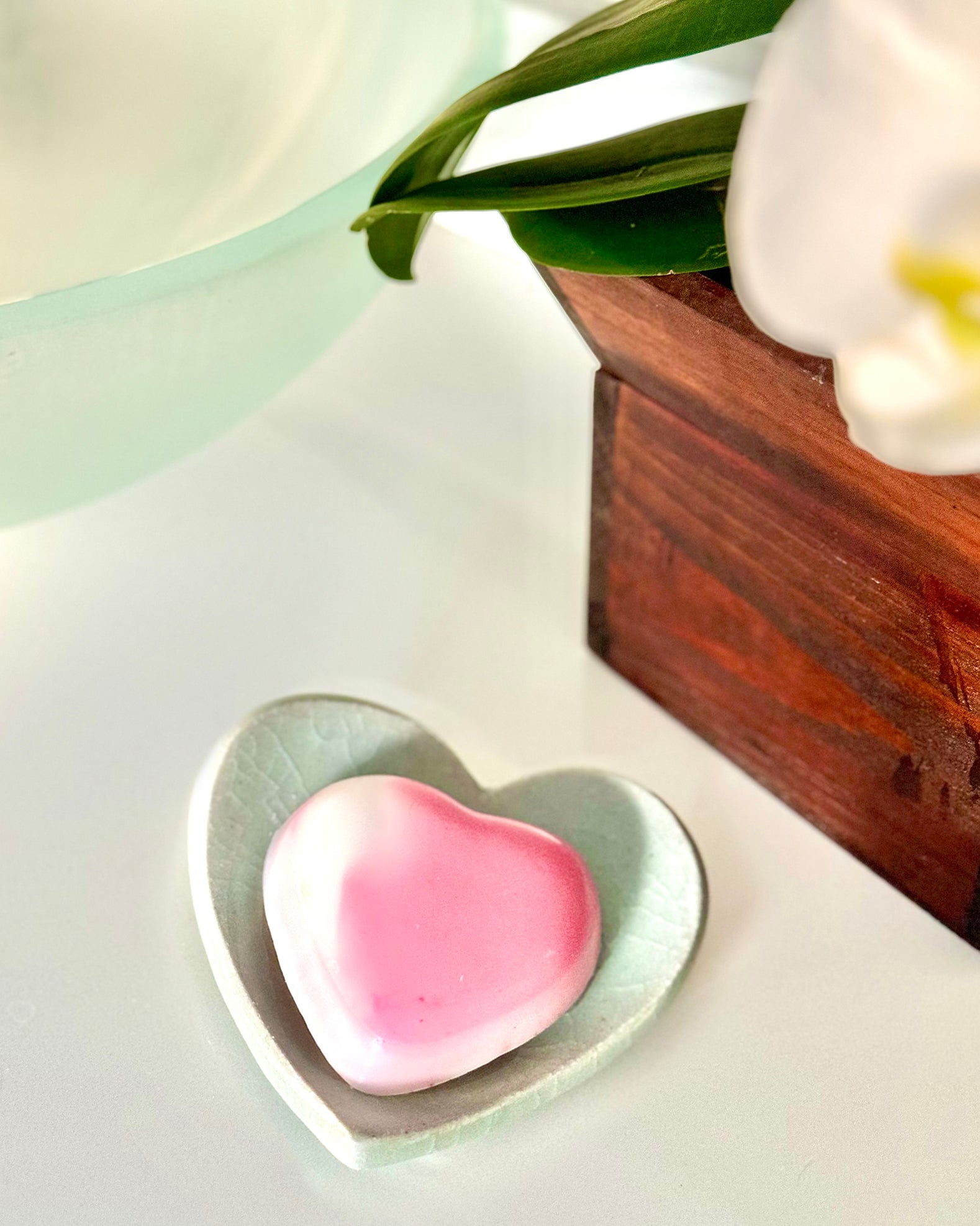Hydrating Heart Soap  https://www.handmadeonmarviasquare.com/products/hydrating-heart-soap  Your skin will love the silky smooth feeling from these hydrating heart soaps by Patrice Angel Healing. Hand poured with Aloe vera and Mimosa scented shea butter. Each unique in design, so that no two soaps are alike. Dimensions: 3" x 3" Color: Rose & White Blend Handmade in California