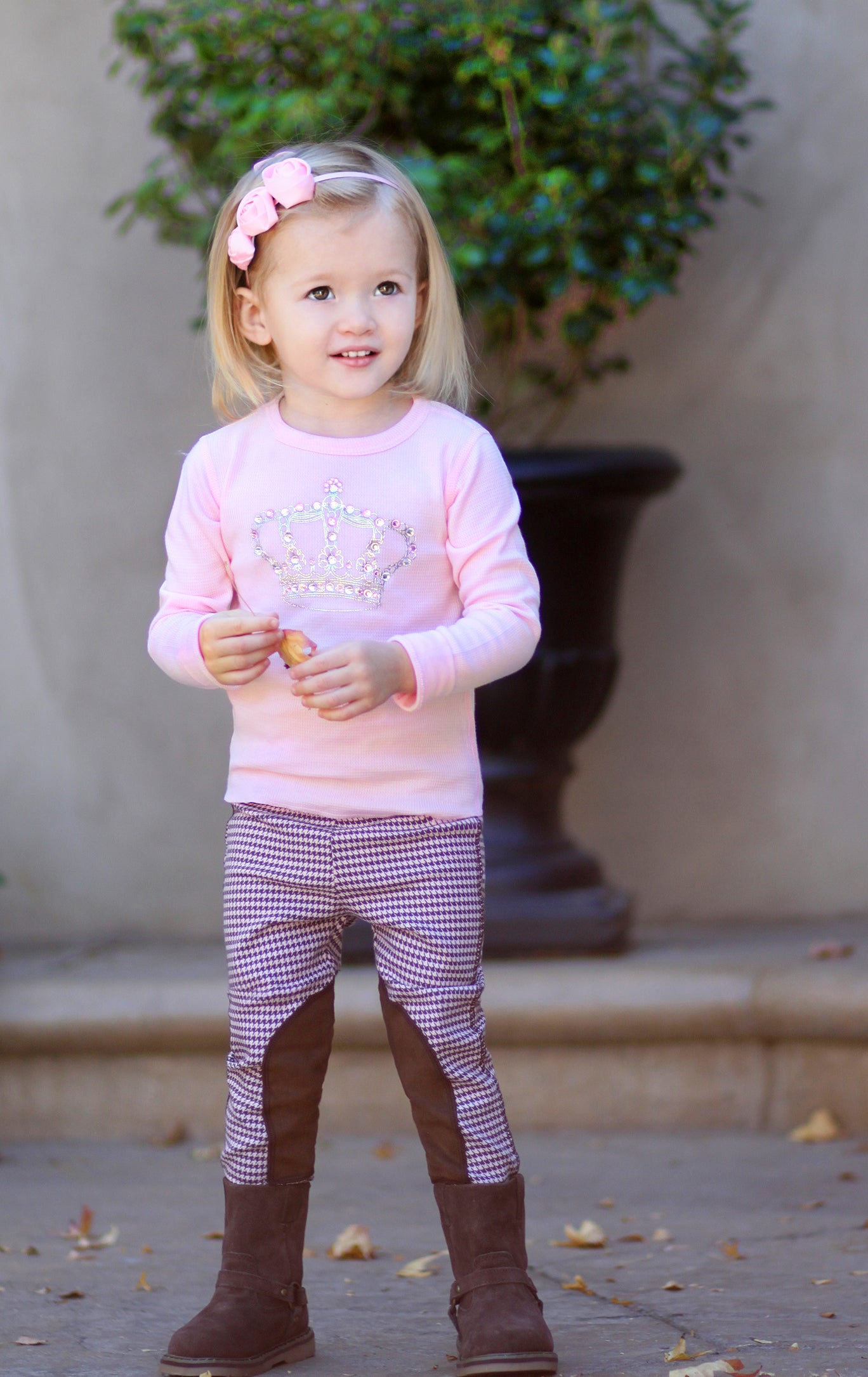 Equestrian Chic, comfy cotton/Lycra, houndstooth legging with plush velour padded knee patches for cushioned comfort on babies knees while crawling, and extra protection for active toddlers. Machine washable Consciously made in the USA