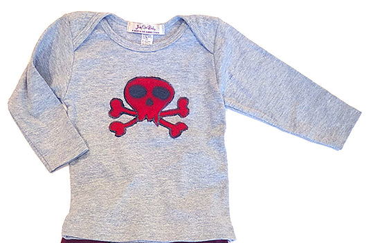 Arrr Matey! Your little pirate will love the red skull and crossbones applique in plush fleece on this soft, combed cotton, long-sleeve tee. Crew neck style for toddlers and lap shoulder design for infants. Infant sizes run slightly larger Machine wash cold (inside out), dry low heat Consciously made in the USA