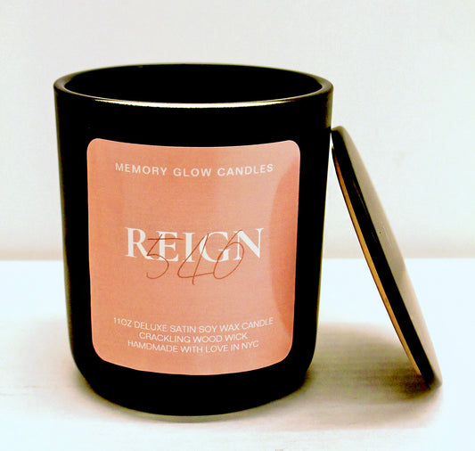 Indulge in a luxurious blend of Reign 540 candle. 11 oz. hand poured with long lasting soy wax, natural wood wick, and exquisite ingredients of saffron, jasmine & crystal vanilla, balanced with rich suede, amber & cedar wood, and patchouli.