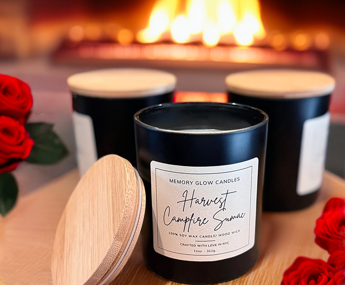 Memory Glow Candles' signature scents of Romantic Allure, set the mood for love and romance. Each candle is hand poured with clean burning, long lasting soy wax, natural scents, and wood wick. Spa style, black colored, thick glass vessels come with a bamboo wood lid. Candle set comes with ceramic vase with plumes of bohemian pampas grass, and cork topped glass vile of matches. 'Made Better' certified and homage to a beloved mother who filled everyone's lives with warmth and light. 