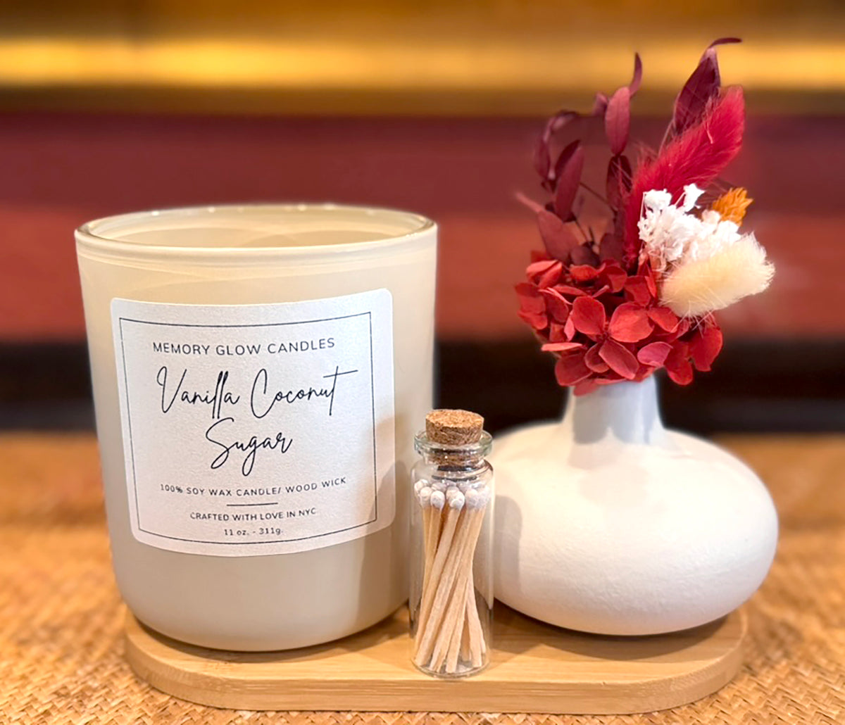 Memory Glow Candles' signature scents of Sweet Indulgence have such a delicious fragrance, you just want to eat them! Each candle is hand poured with clean burning, long lasting soy wax, natural scents, and a natural wood wick. Spa style, white and cream colored, thick glass vessels come with a bamboo wood lid. 'Made Better' certified and our homage to a beloved mother who filled our lives with warmth and light. Dedicated to those touched by Alzheimers.