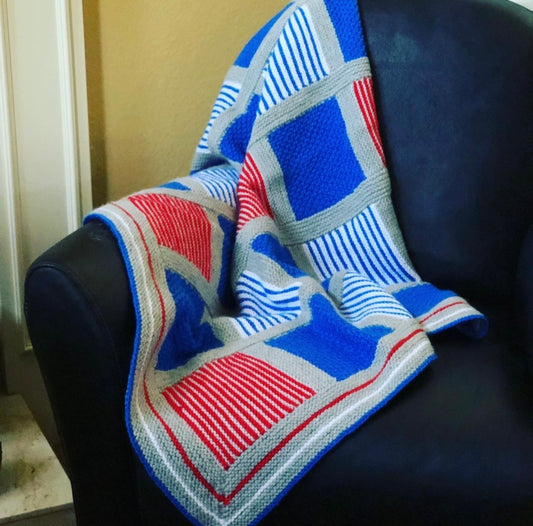 Hand knit, quilt style, heirloom baby blanket.  Custom made with your choice of size (see 'dimensions' below), choice of 2 to 5 colors, then allow 3 to 5 weeks for your heirloom blanket to be completed. 