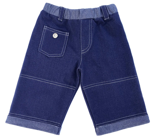 This classic crop jean is made from the softest denim knit with knee protecting padding for active crawlers and reinforced knee for toddlers. Front button coin pocket and back pockets. Cuffed hem and elastic waist for easy on & off. Machine washable Made in the jammin' USA