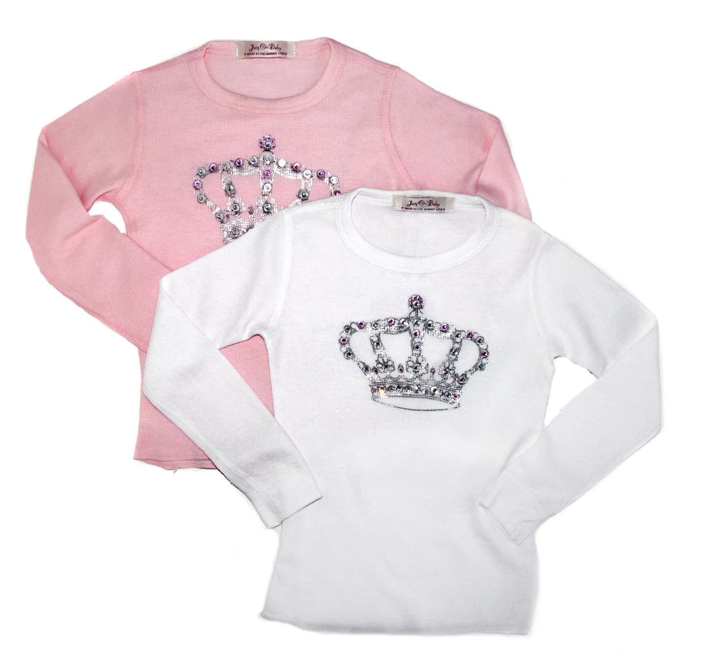 Every little princess needs a touch of sparkle. This soft, long sleeve cotton thermal tee is inspired from the royal 'West End' part of London. Rhinestone embellished crown on the front, and 'west end girl' on the back.
