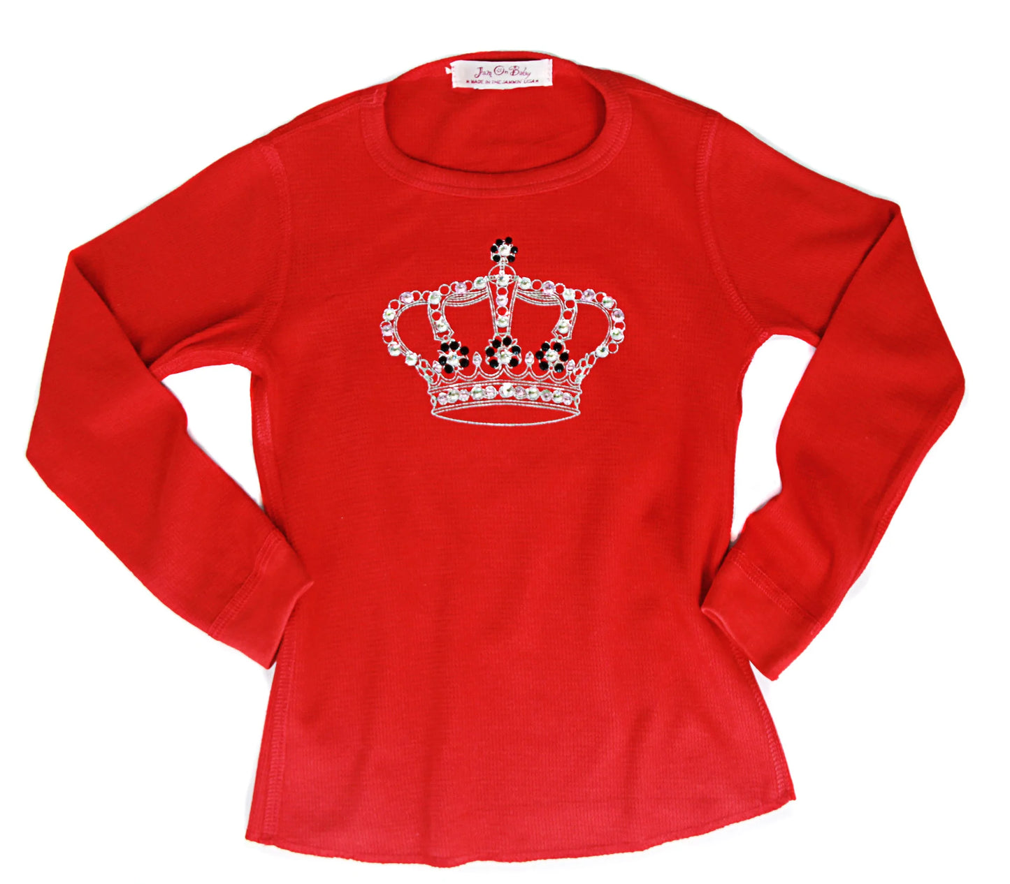 Every little princess needs a touch of sparkle. This soft, long sleeve cotton thermal tee is inspired from the royal 'West End' part of London. Rhinestone embellished crown on the front, and 'west end girl' on the back.