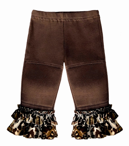 Most popular... our soft, sustainable combed cotton, rib knit with fully lined padded knee design. Leopard print ruffle trim in Lycra. Pair with reversible leopard cuddle vest to complete the look.